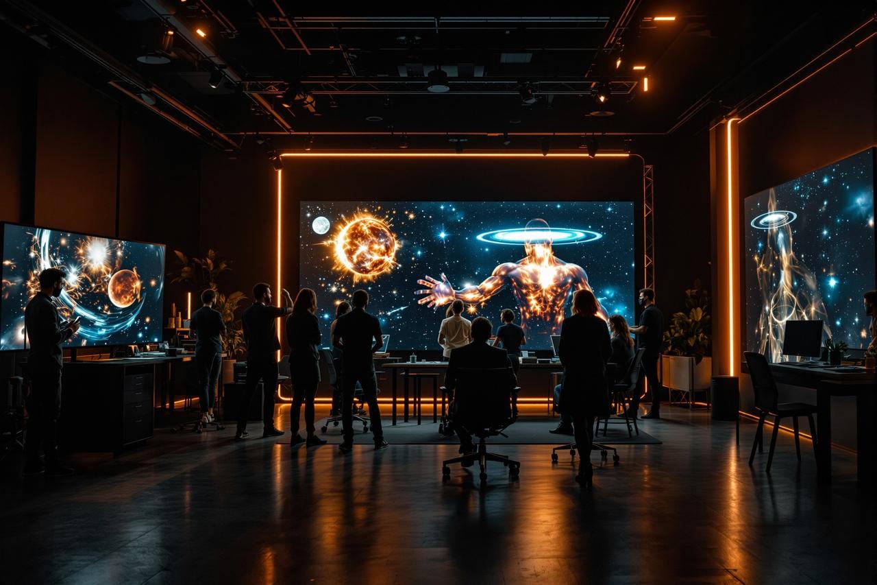 哔嘀影视科研团队在现代化暗色调工作室协作,大屏幕显示宇宙可视化画面